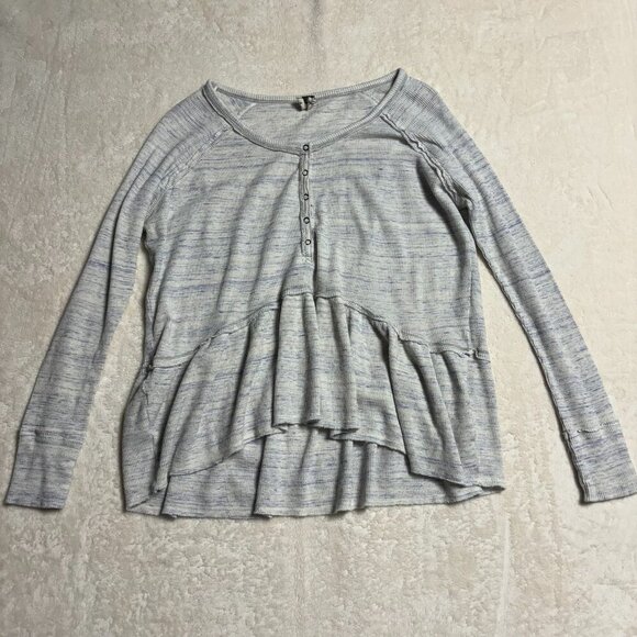 We The Free People Womens Coastline Thermal Henley Small Waffle Peplum Top Blue - Picture 1 of 15